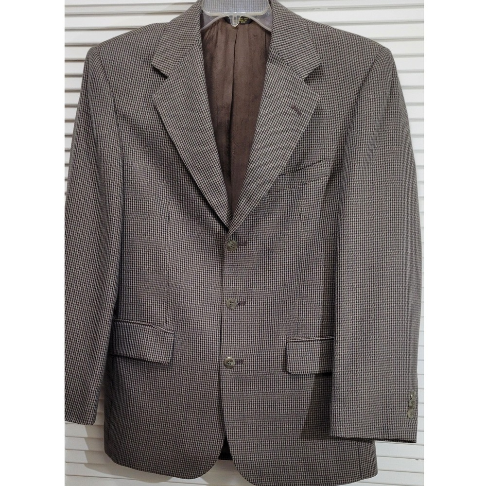 Vintage John Henry Mens 38R Blazer Brown Blue Houndstooth 3 Button Sport Coat